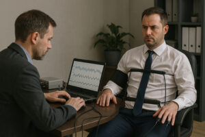 Mężczyzna poddany badaniu wariografem.